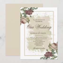 Convite Casamento Dourado Rustic Floral Minimalista Burgun