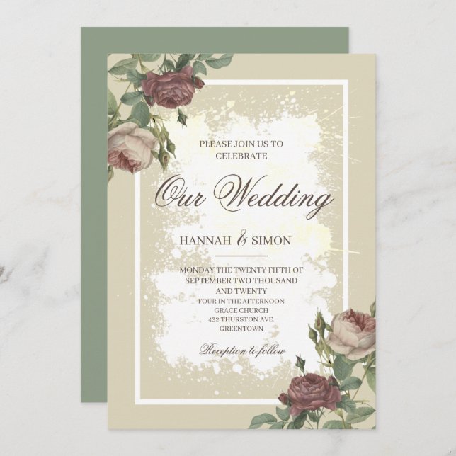 Convite Casamento Dourado Rustic Floral Minimalista Burgun (Frente/Verso)