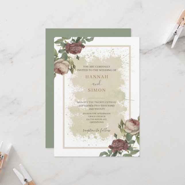 Convite Casamento Dourado Rustic Floral Minimalista Burgun (Frente/Verso In Situ)