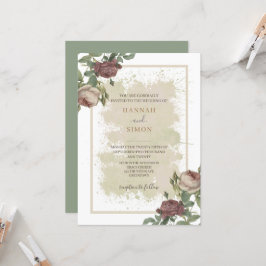 Convite Casamento Dourado Rustic Floral Minimalista Burgun