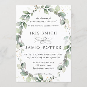Convite Casamento Dourado Rustic Greenery Foliage Wreath