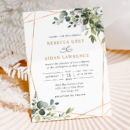 Convite Casamento Dourado Rustic Watercolor Eucalyptus Gre