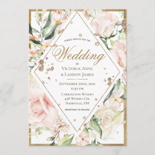 Convite Casamento Dourado Rústico Floral Rosa Elegante
