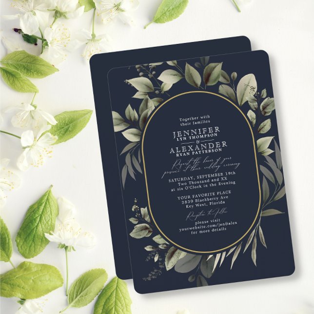 Convite Casamento Dourado Simples Eucalyptus Marinho Escur (Criador carregado)