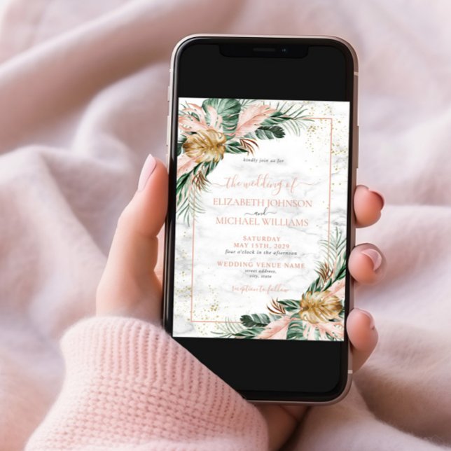 Convite Casamento Dourado Tropical Boho Chic Blush (Criador carregado)