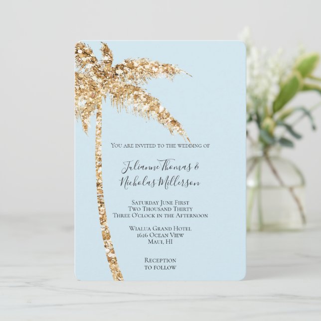 Convite Casamento Dourado Tropical Glitzy Palm (Em pé/Frente)