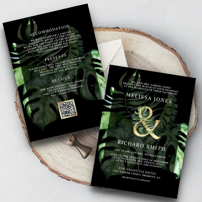 Convite Casamento Dourado Tropical Monstera Palm Black QR  (Criador carregado)