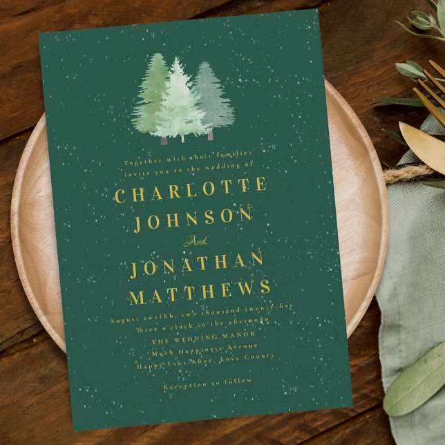 Convite Casamento Dourado Verde de inverno na Floresta de  (Modern woodland watercolor forest winter green and gold wedding invitation elegant )