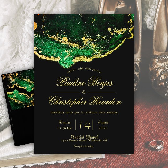 Convite Casamento Dourado Verde Elegante Jewel-Tone (Elegant Jewel-Tone Green Black Gold Wedding Invitation)