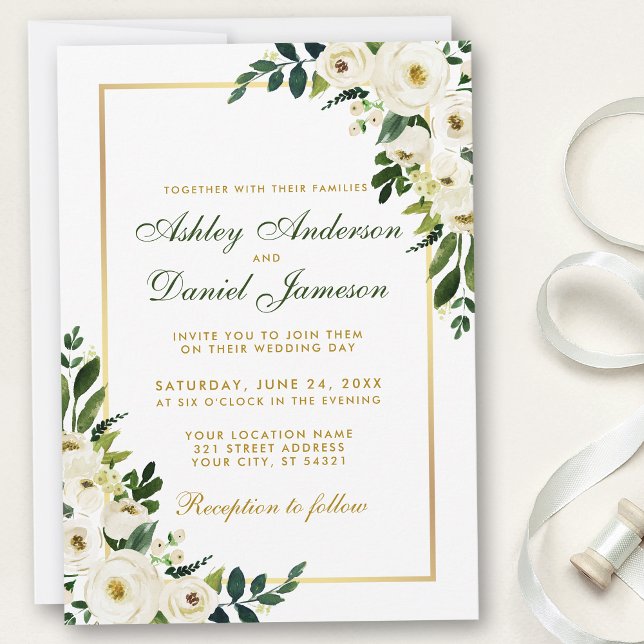 Convite Casamento Dourado Verde Floral de Watercolor G (Customize to change text color, size or text style.)