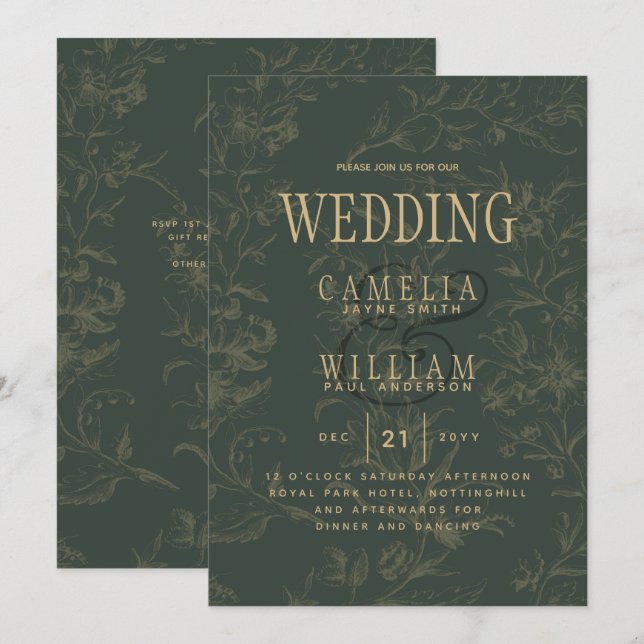 Convite Casamento Dourado Verde OLIVADO BOTÂNICO Moderno (Frente/Verso)