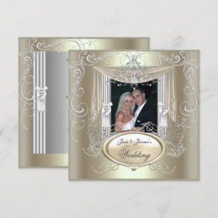 Convite Casamento Dourado Verde-Prata Ornado Elegante