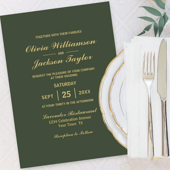 Convite Casamento Dourado Verde Simples Elegante (Criador carregado)