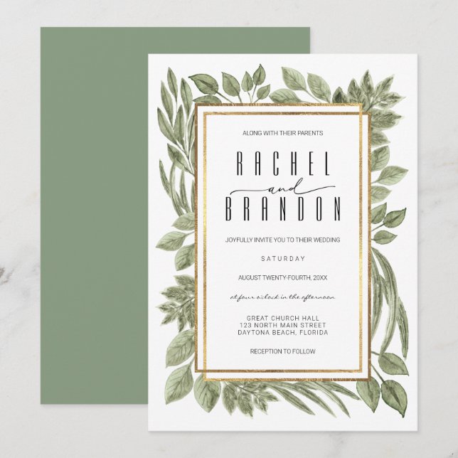 Convite Casamento Dourado Verde Verde Sage com Aquarela (Frente/Verso)