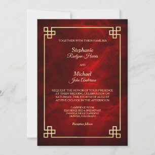 Convite Casamento Dourado Vermelho Elegante
