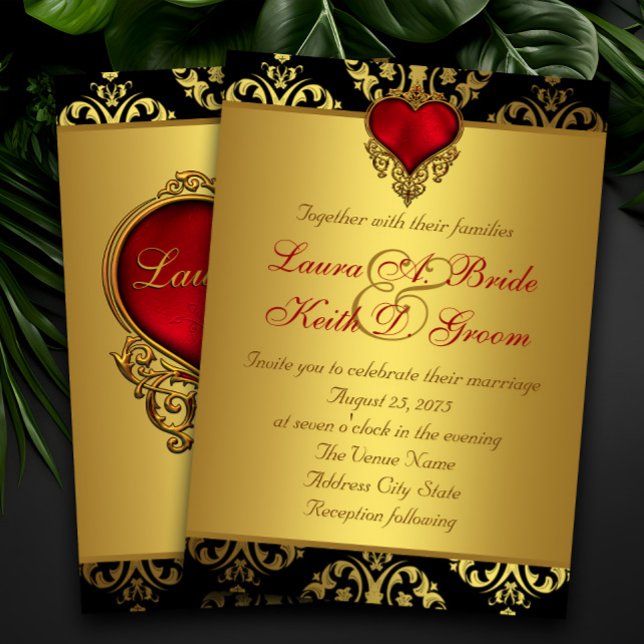 Convite Casamento Dourado Vermelho Negro (Elegant red black and gold wedding invitation with beautiful red and gold heart.)