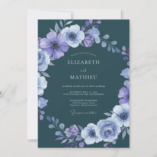 Convite Casamento Dramático de Inverno em Azul Teal Escuro (Frente)