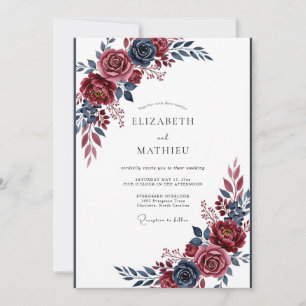 Convite Casamento Dramático de Inverno em Burgundy Navy