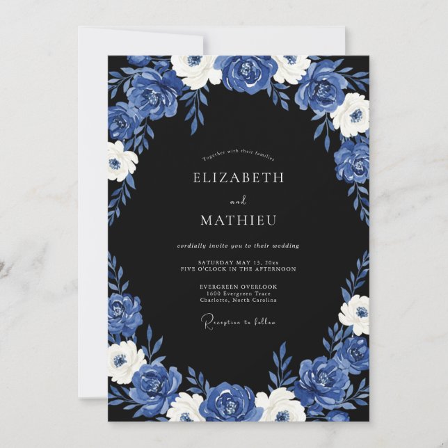 Convite Casamento Dramático de Noite Azul Real (Frente)