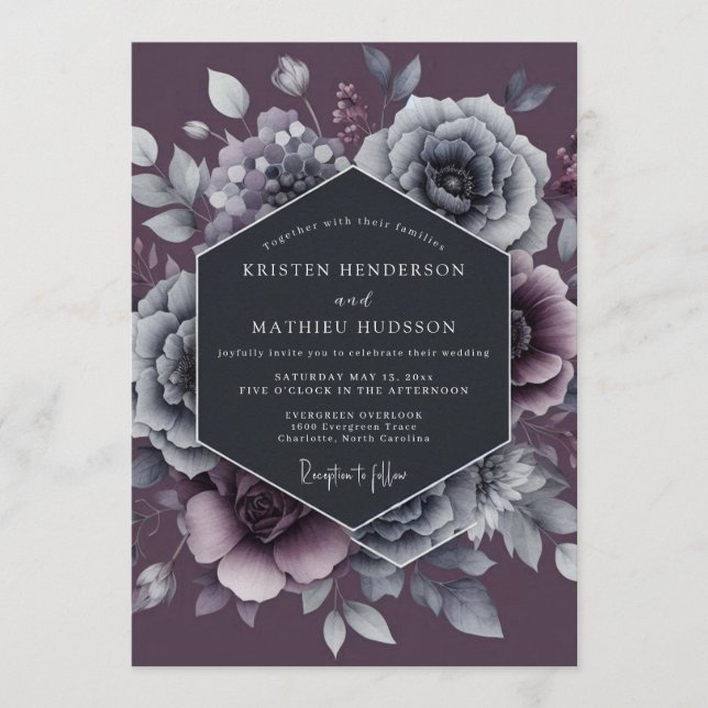 Convite Casamento Dramático Flor de Ameixa Ardósia (Frente)