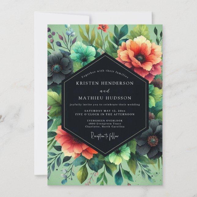 Convite Casamento Dramático Flor de Coral Teal (Frente)