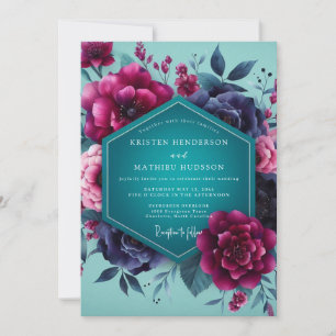 Convite Casamento Dramático Flor de Magenta Turquesa