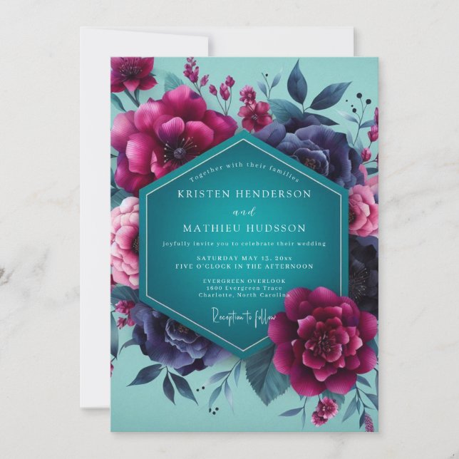 Convite Casamento Dramático Flor de Magenta Turquesa (Frente)