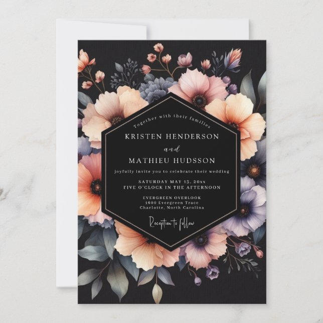 Convite Casamento Dramático Flor de Pêssego Carvão (Frente)