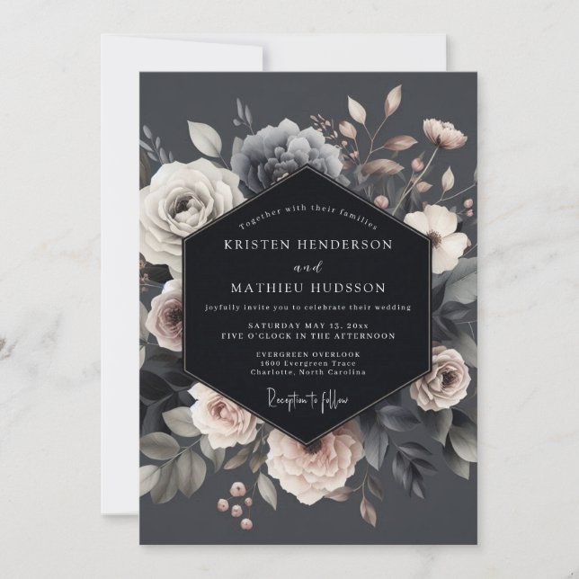 Convite Casamento Dramático Flora Slate (Frente)