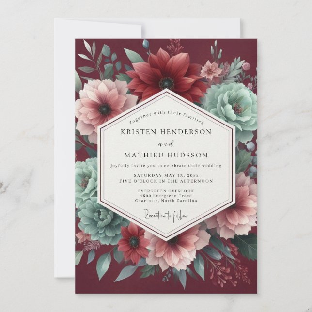 Convite Casamento Dramático Garnet Teal (Frente)