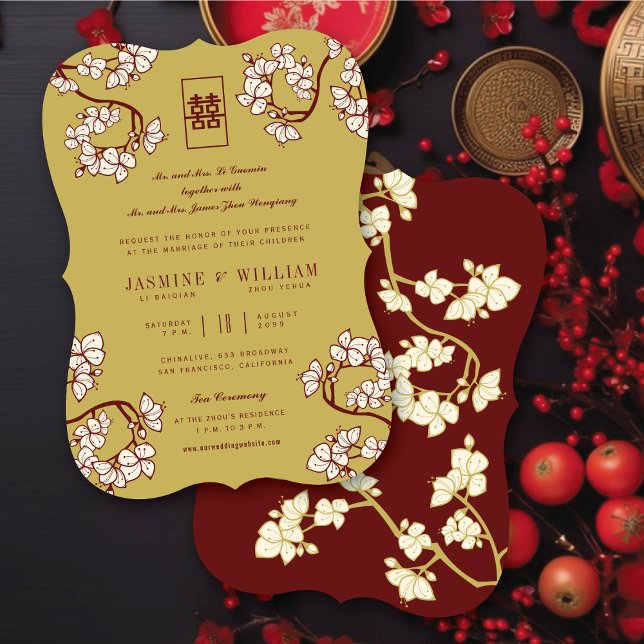 Convite Casamento Dupla Felicidade com Flores de Pêssego/A (Cream Peach/Plum Blossoms Double Happiness Elegant Chinese Wedding Invitation @ fatfatin_red_knot)