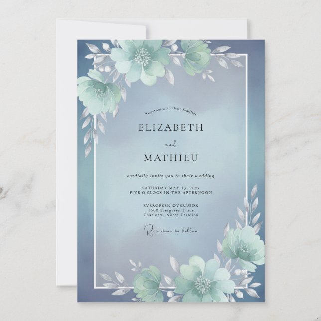 Convite Casamento Dusty Aqua Bloom (Frente)