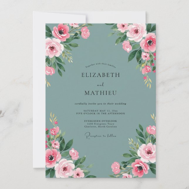 Convite Casamento Dusty Aqua Peony (Frente)