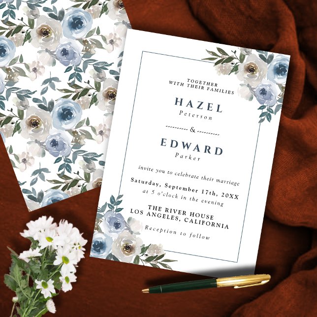 Convite Casamento Dusty Blue Floral Watercolor (Dusty Blue Floral Watercolor Wedding Invitation)