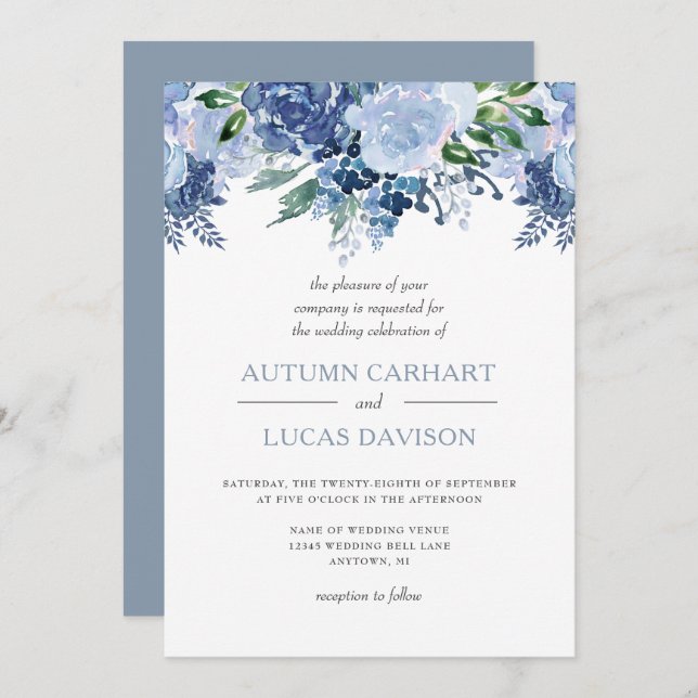 Convite Casamento Dusty Blue Floral Watercolor (Frente/Verso)