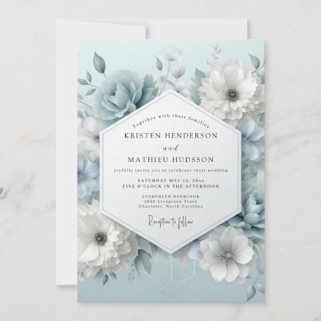 Convite Casamento Dusty Blue Frosted Flora (Frente)
