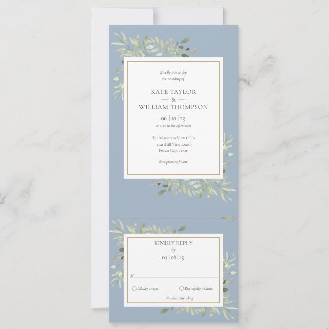 Convite Casamento Dusty Blue Greenery Leaves All In One (Frente)