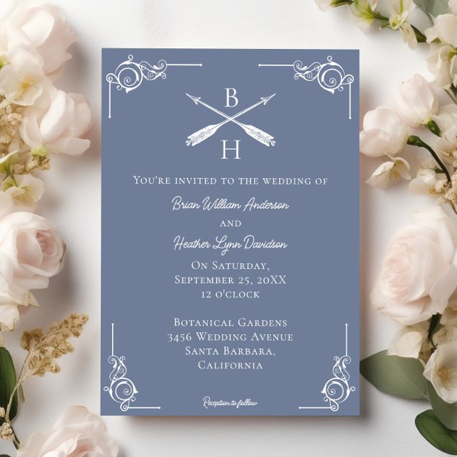 Convite Casamento Dusty Blue Monograma e Setas (Dusty Blue Monogram and Arrows Wedding Invitation)