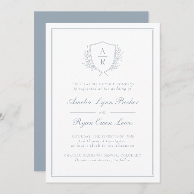 Convite Casamento Dusty Blue Monogrammed (Frente/Verso)
