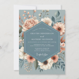 Convite Casamento Dusty Blue Peach Flora
