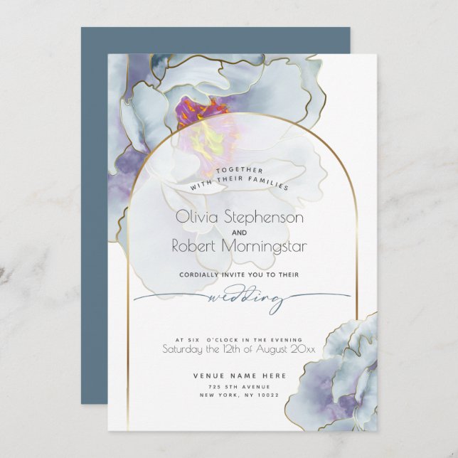 Convite CASAMENTO | Dusty Blue Tropical Peony (Frente/Verso)