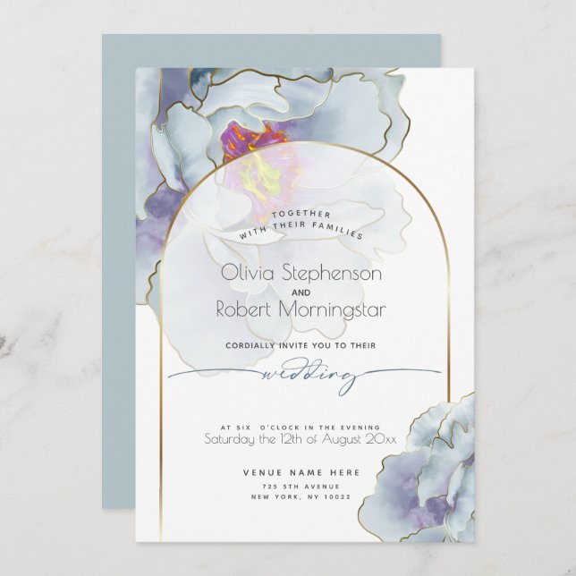 Convite CASAMENTO | Dusty Blue Tropical Peony (Frente/Verso)