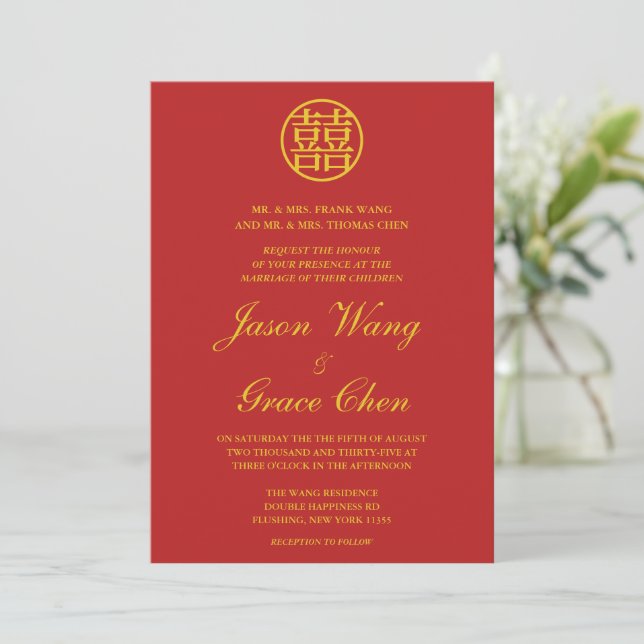 Convite Casamento E Recepção Chineses Vermelho E Dourado (Em pé/Frente)