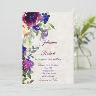 Convite Casamento econômico com flores rosa e roxas