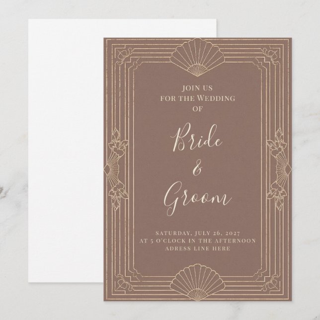 Convite Casamento Editável Art Deco Rosa Champanhe Dourado (Frente/Verso)