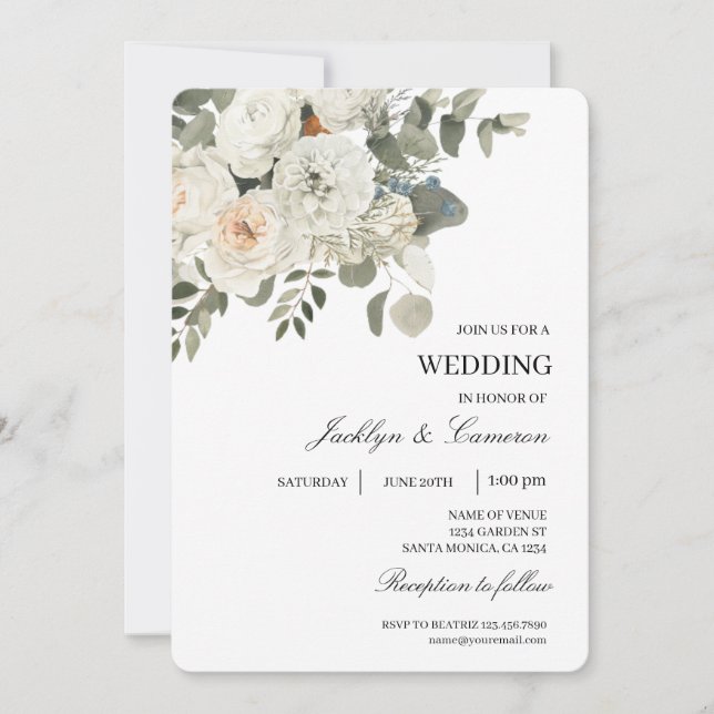Convite Casamento editável com flor branca (Frente)
