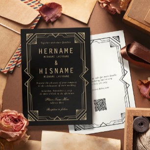 Convite Casamento Editável Elegante Preto Art Déco QR RSVP