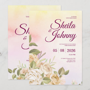 Convite Casamento Elegância Aquarela Amarela e Rosa