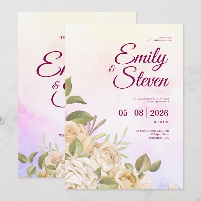 Convite Casamento Elegância com Aquarela Rosa e Roxa (Frente/Verso)