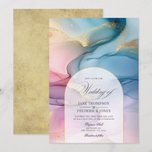 Convite Casamento Elegância com Tinta Alcoólica Rosa, Azul